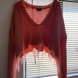 pink fringy off the shoulder sweater